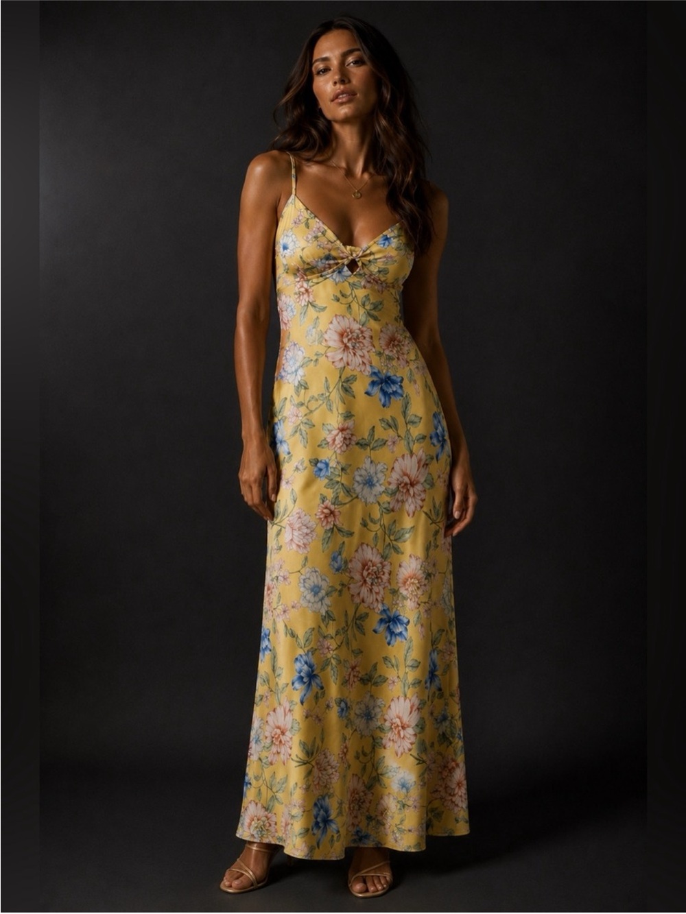 Thirty Thirty L.A. Butter Yellow Floral Satin Maxi Slip Dress Size L Feminine